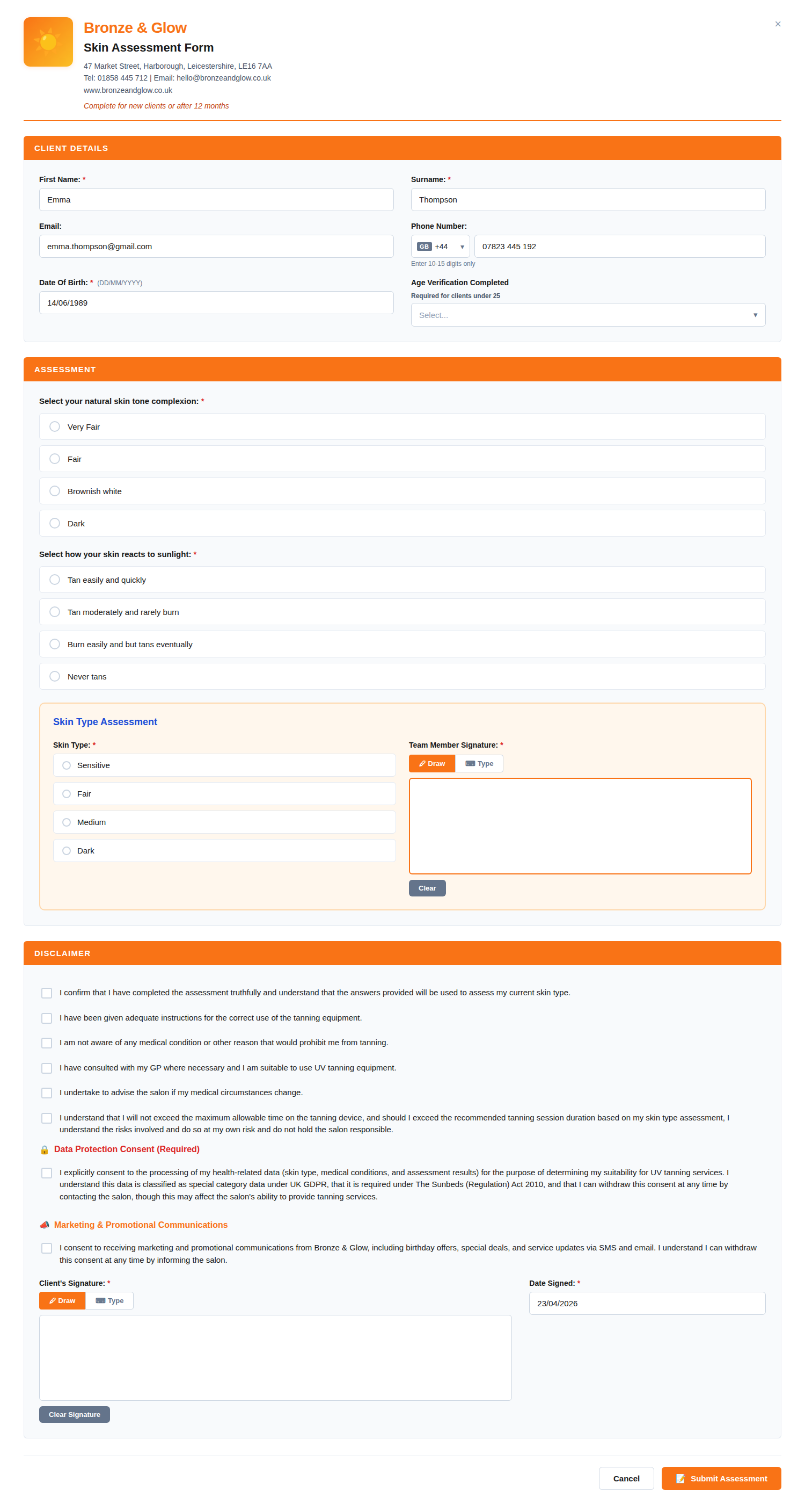 Skin Assessment Form